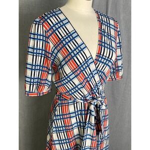 Vero Moda Blue Red Plaid Wrap Midi Dress Tie Waist Short Sleeve M